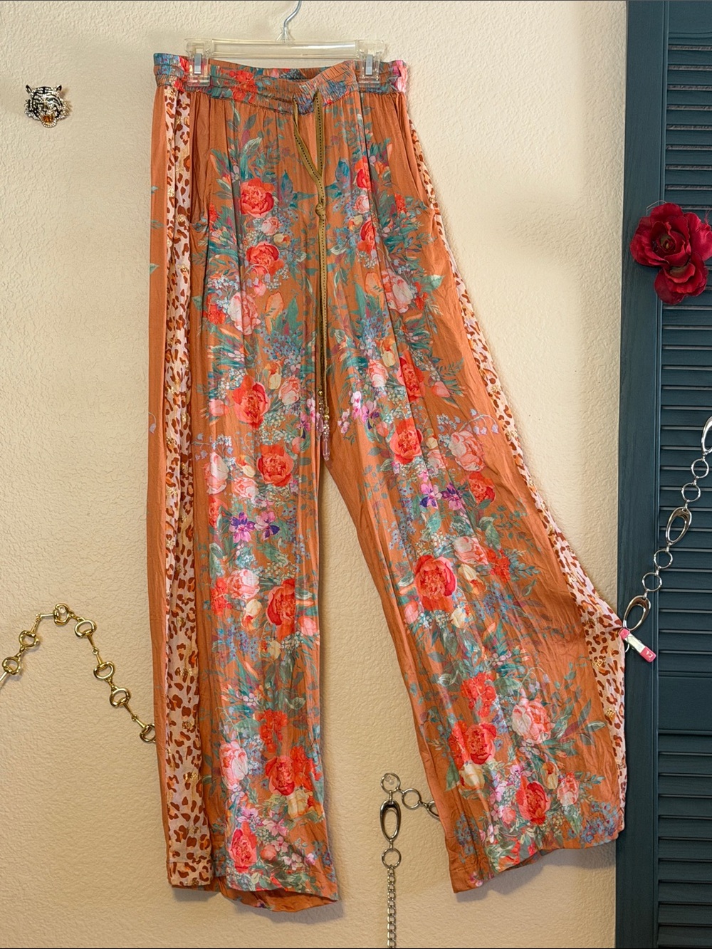 Aratta Valentina Floral Wide-Leg Pants New w/o Tags Small Copper Roses Long S 28